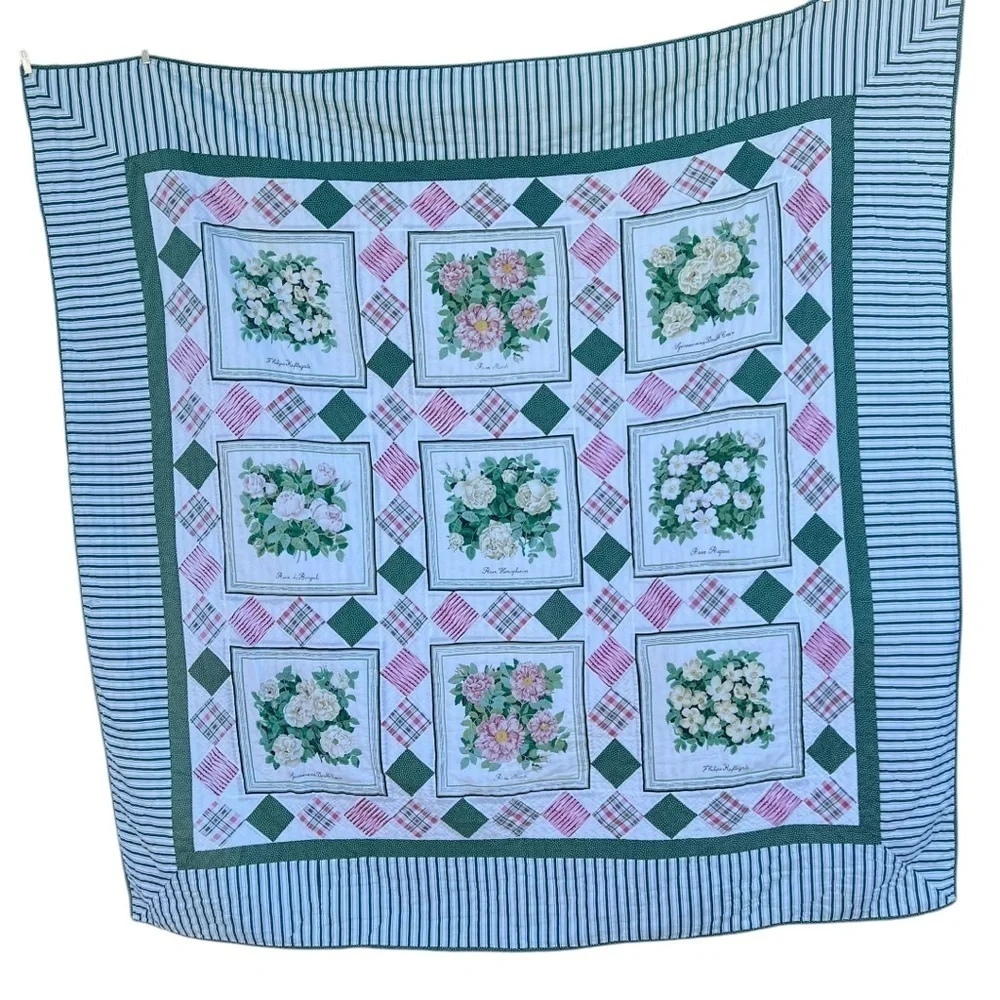 VTG Garden Block Quilt Floral Striped Reversible Hand Sewn Pink Green 82x84 FLAW